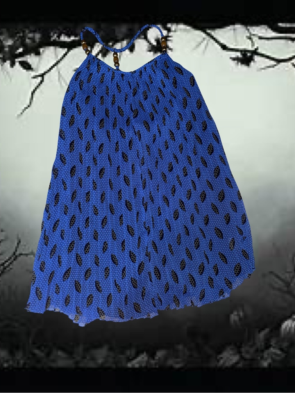 Andrew Charles Royal Blue Halter Mini Dress with Black Leaf Print
